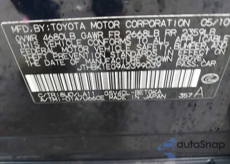 2010 Lexus Es 350 from USA, damaged, VIN JTHBK1EG9A2399039